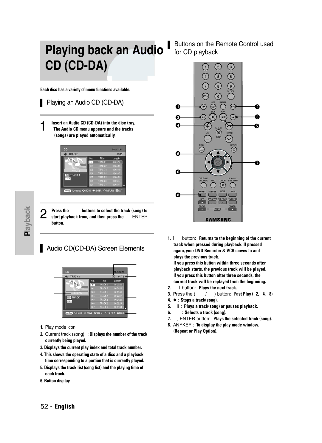 Samsung VR330S, DVD-VR330 instruction manual Playing an Audio CD CD-DA, Audio CDCD-DA Screen Elements, Play mode icon 