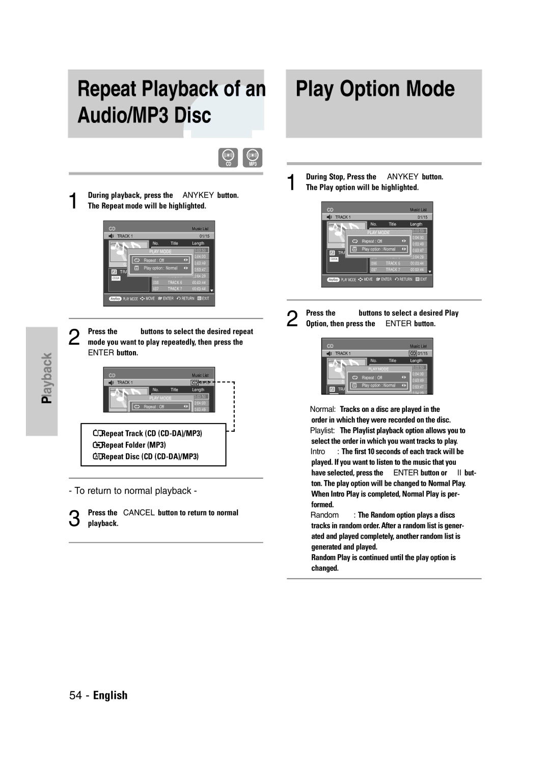 Samsung VR330S, DVD-VR330 Audio/MP3 Disc, During playback, press the Anykey button, Repeat mode will be highlighted 