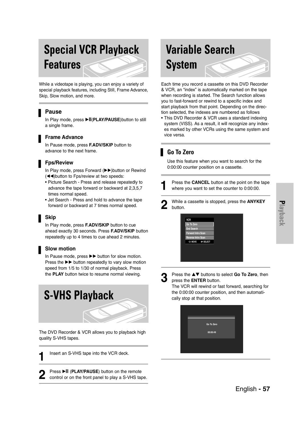 Samsung DVD-VR330, VR330S instruction manual VHS Playback, Frame Advance, Fps/Review, Skip, Slow motion 