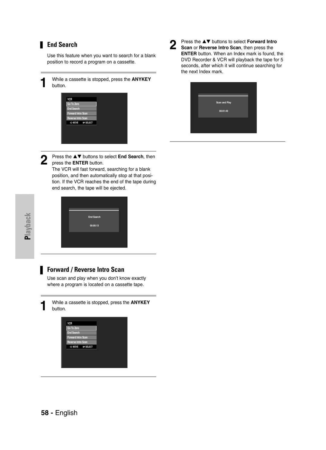 Samsung VR330S, DVD-VR330 instruction manual End Search, Scan or Reverse Intro Scan, then press 