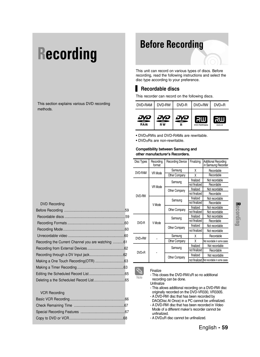 Samsung DVD-VR330, VR330S instruction manual Before Recording, Recordable discs 