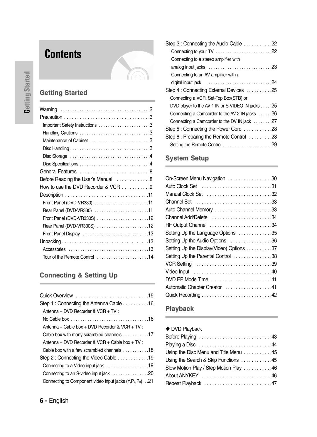 Samsung VR330S, DVD-VR330 instruction manual Contents 