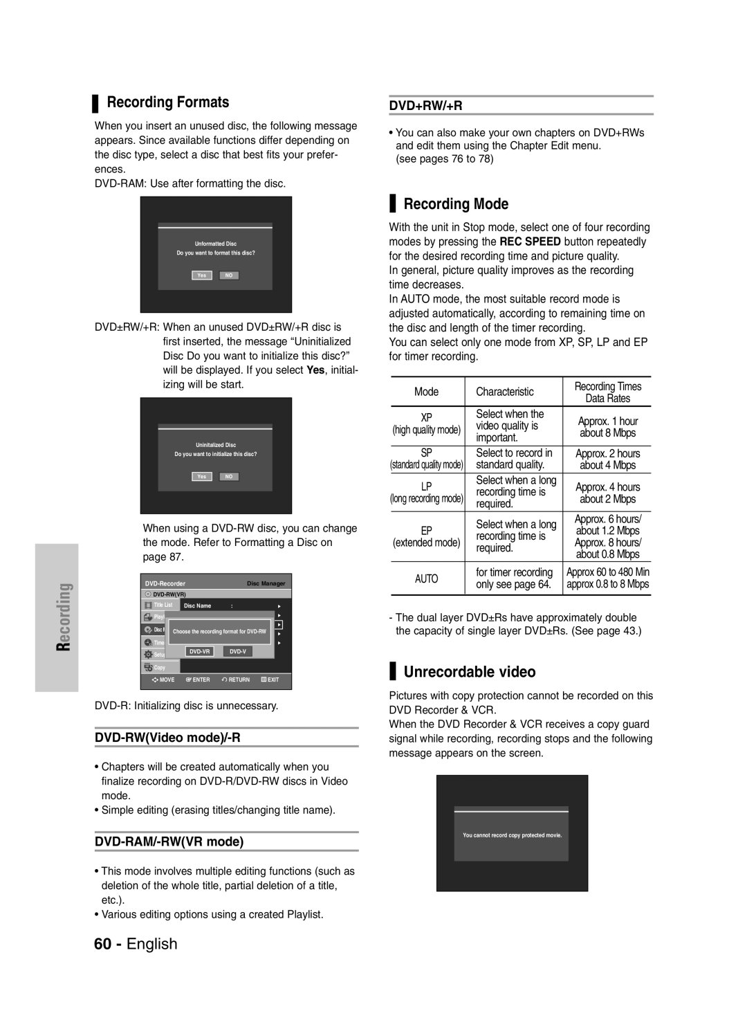 Samsung VR330S, DVD-VR330 Recording Formats, Recording Mode, Unrecordable video, DVD-RWVideo mode/-R, DVD-RAM/-RWVR mode 