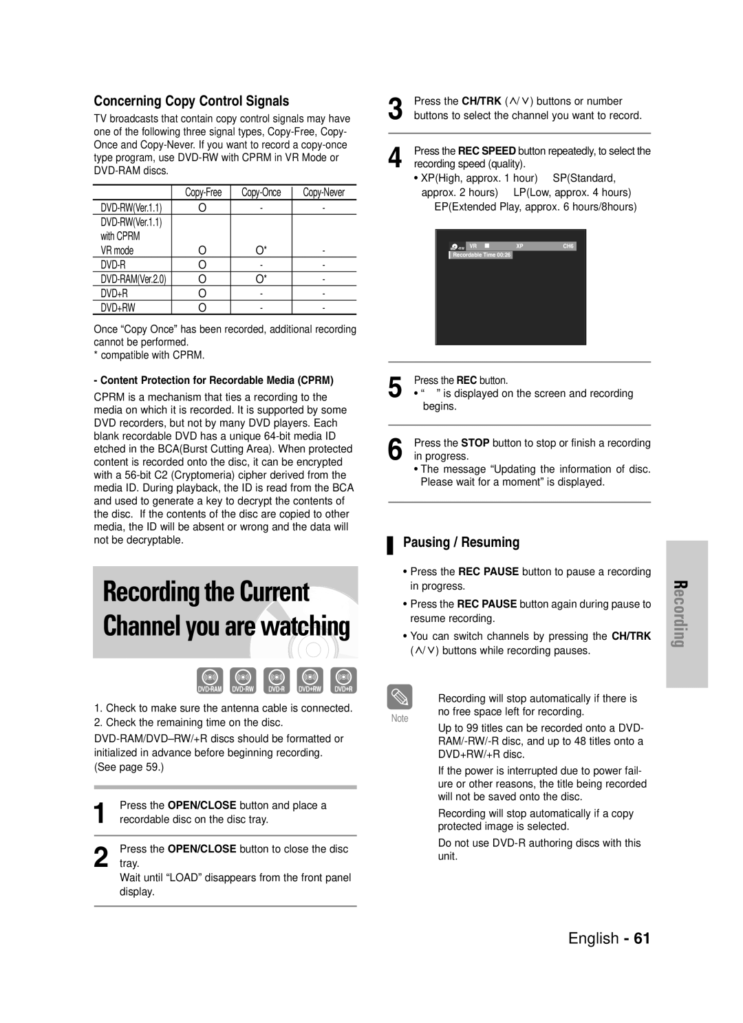 Samsung DVD-VR330, VR330S instruction manual Content Protection for Recordable Media Cprm 