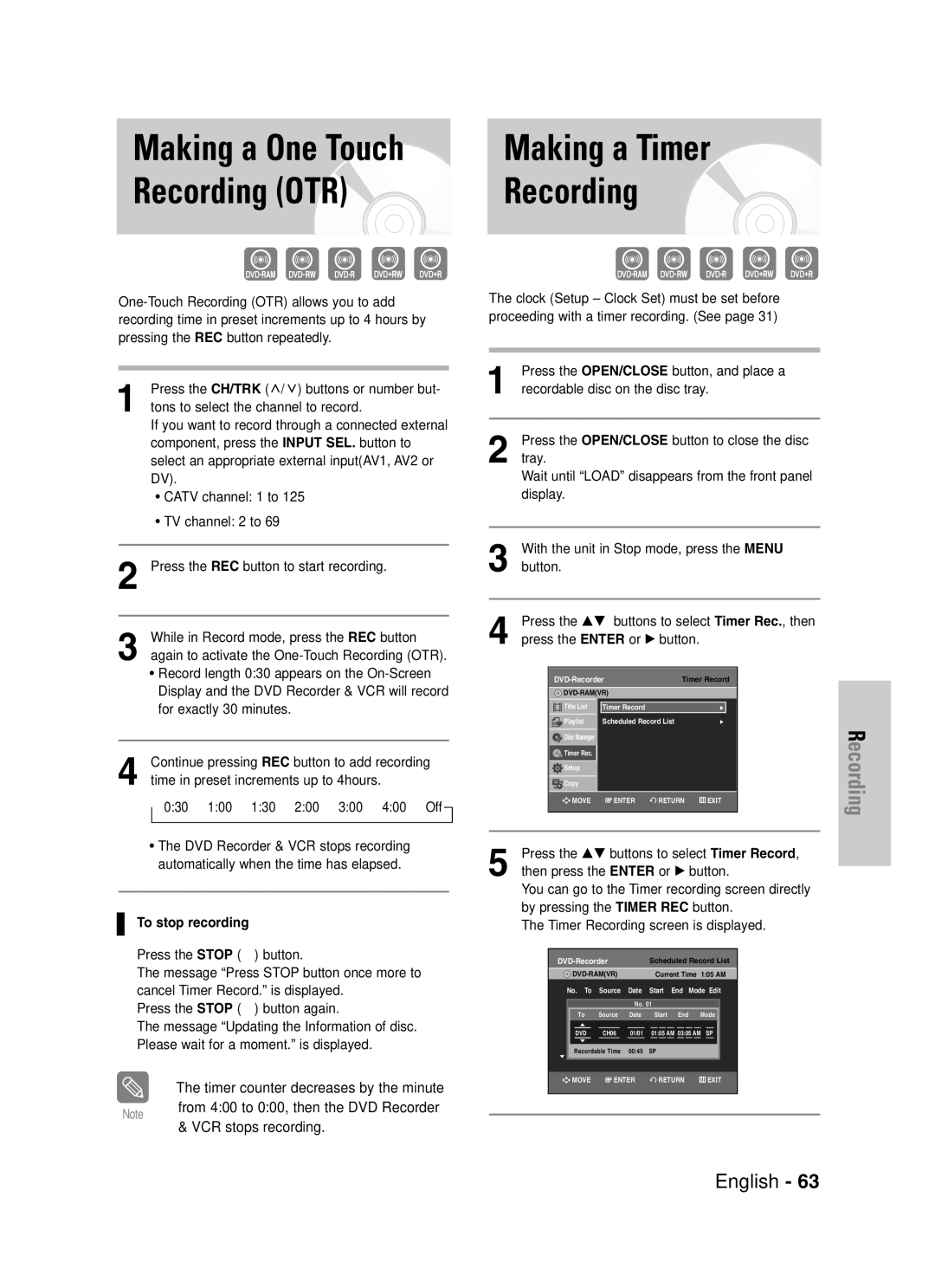 Samsung DVD-VR330, VR330S instruction manual Making a One Touch, Recording OTR, To stop recording 