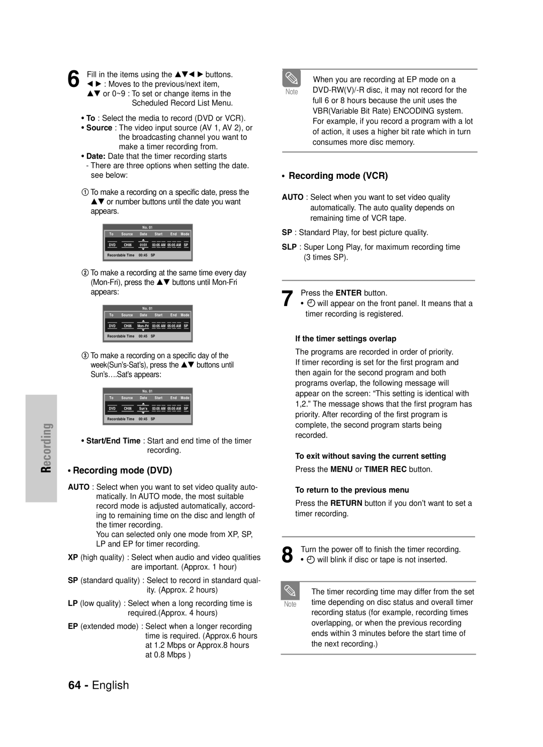 Samsung VR330S Recording mode DVD, Recording mode VCR, If the timer settings overlap, To return to the previous menu 