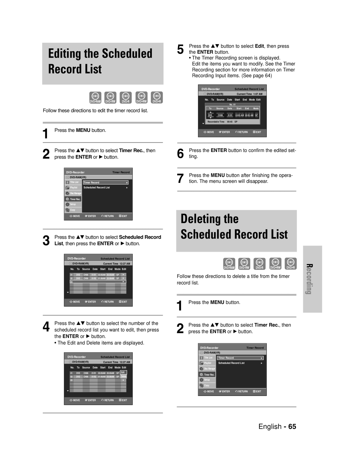 Samsung DVD-VR330, VR330S instruction manual Editing the Scheduled Record List, List, then press the Enter or √ button 