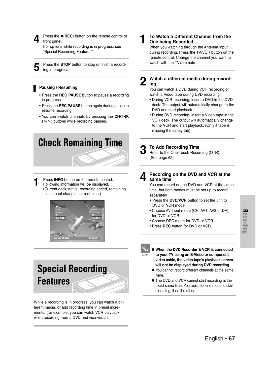 Samsung DVD-VR330 Pausing / Resuming, To Watch a Different Channel from the One being Recorded, To Add Recording Time 