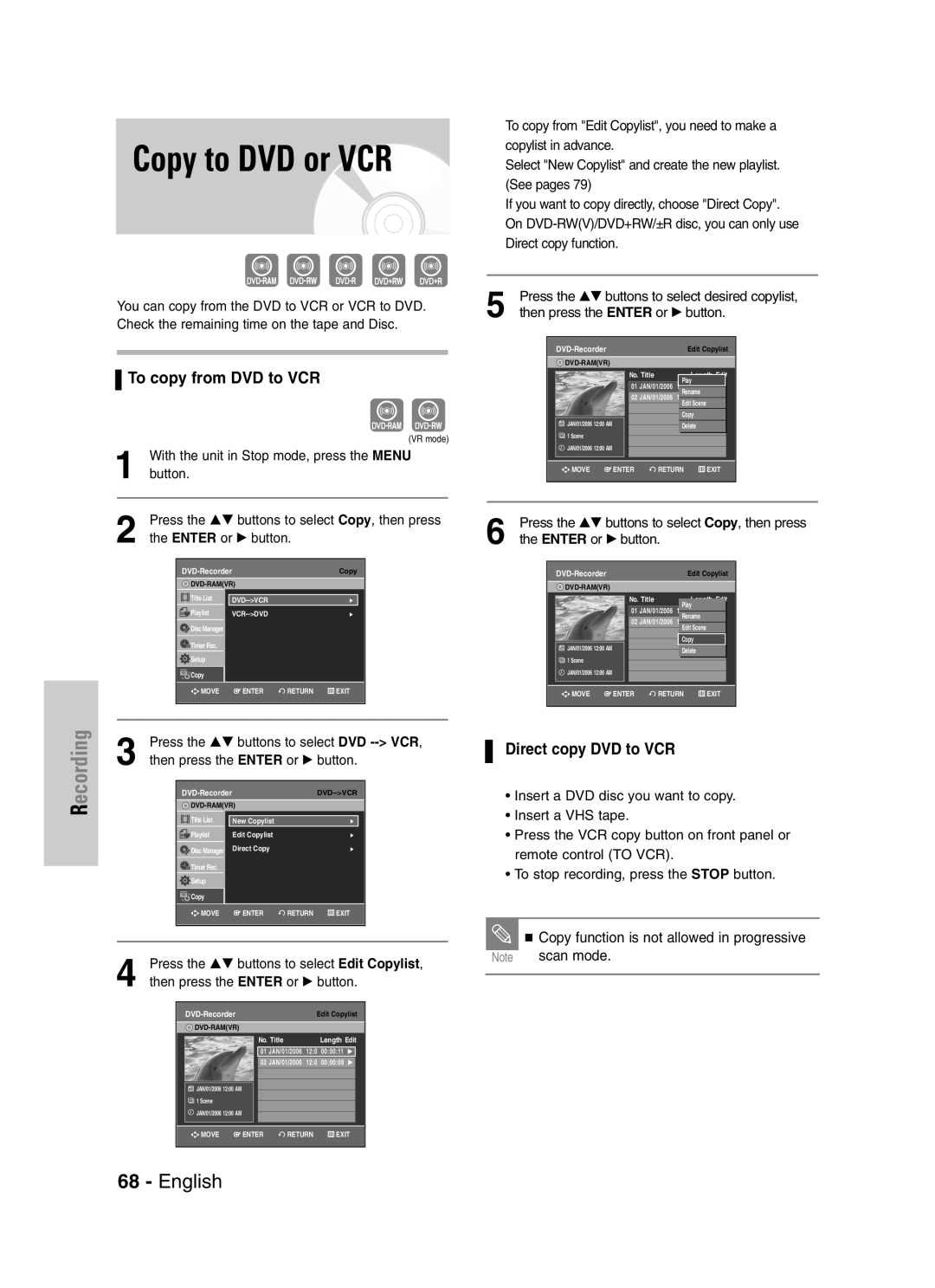 Samsung VR330S, DVD-VR330 To copy from DVD to VCR, Direct copy DVD to VCR, Press the …† buttons to select Edit Copylist 