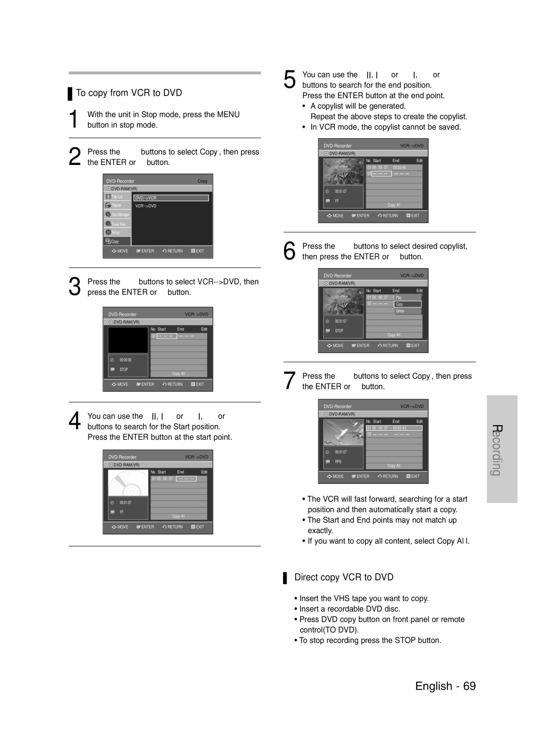 Samsung DVD-VR330, VR330S To copy from VCR to DVD, Direct copy VCR to DVD, Press the …† buttons to select VCR--DVD, then 