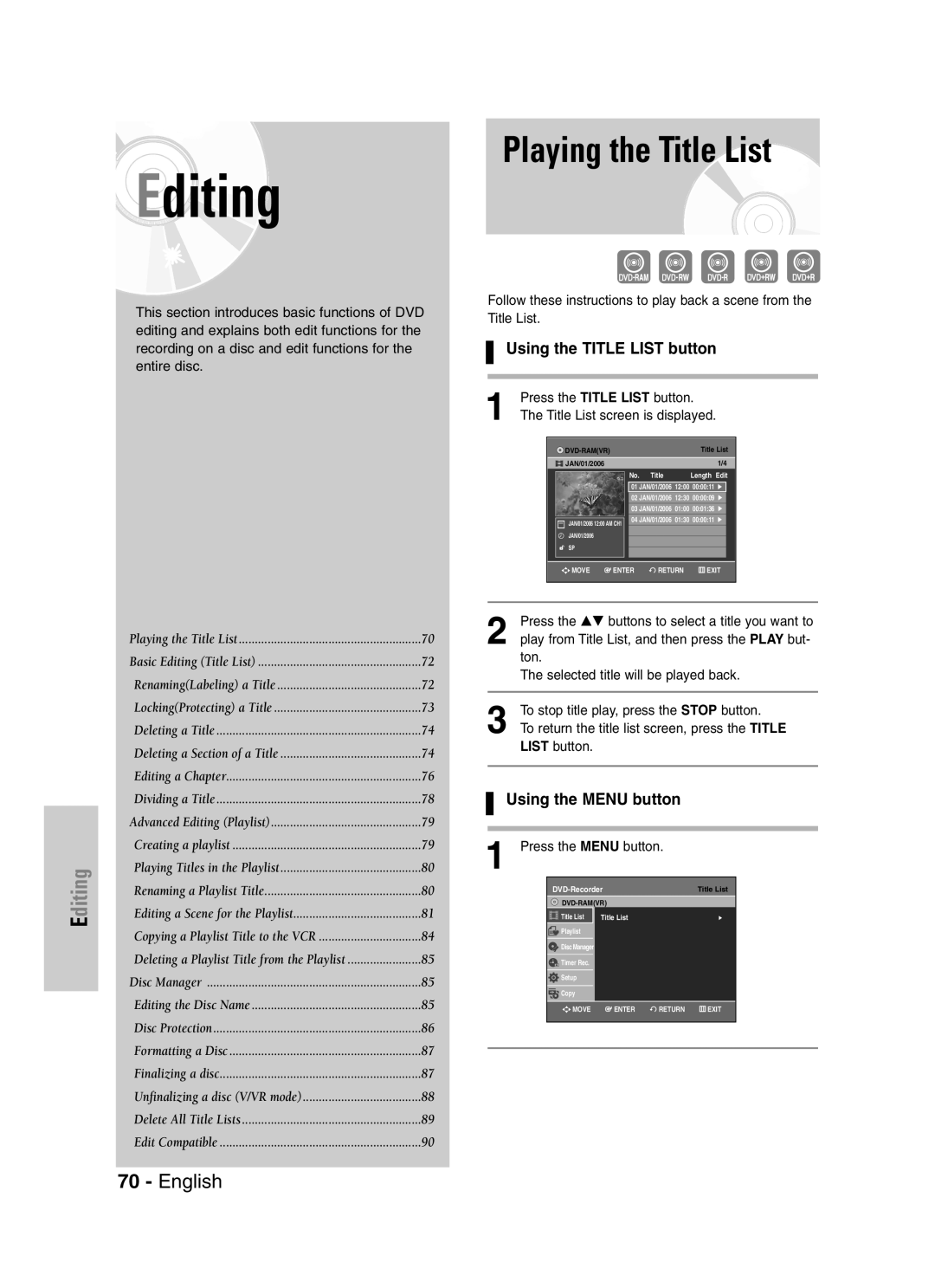 Samsung VR330S, DVD-VR330 instruction manual Playing the Title List, Using the Title List button, Using the Menu button 