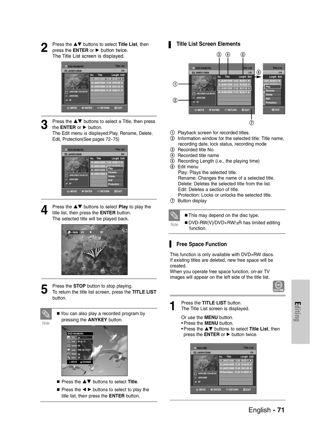 Samsung DVD-VR330, VR330S instruction manual Free Space Function, Press the …† buttons to select a Title, then press 