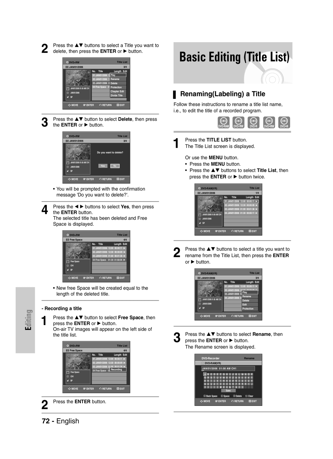 Samsung VR330S, DVD-VR330 instruction manual RenamingLabeling a Title 