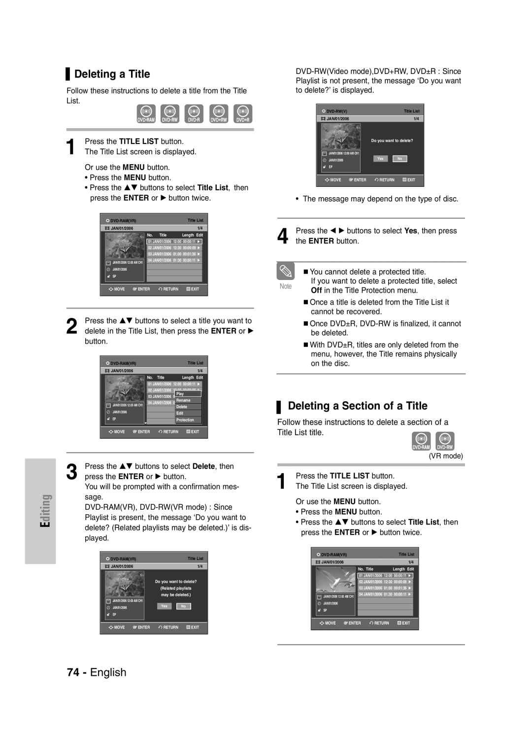 Samsung VR330S Deleting a Title, Deleting a Section of a Title, Delete in the Title List, then press the Enter or √ 