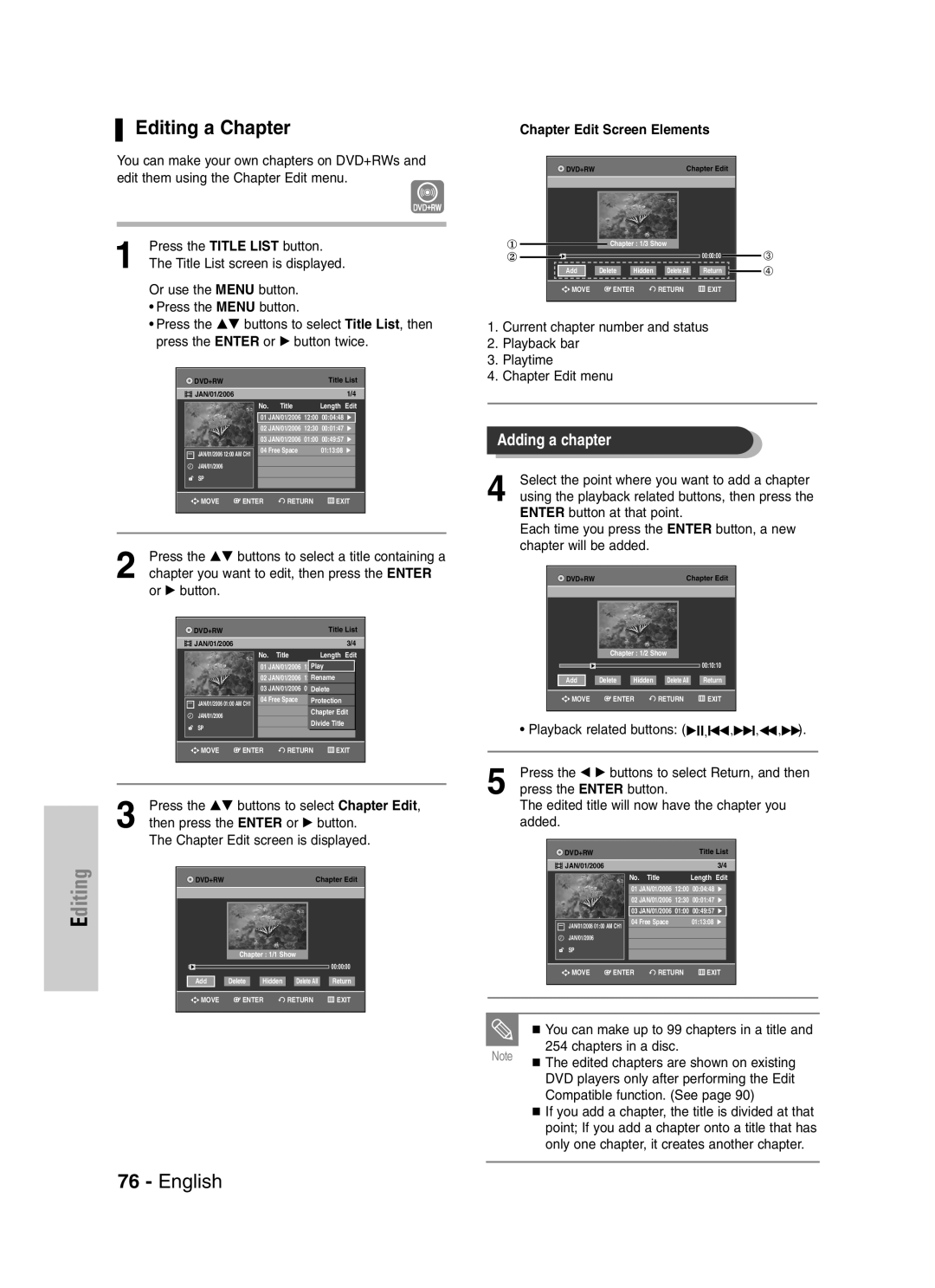 Samsung VR330S Editing a Chapter, Press the …† buttons to select a title containing a, Chapter Edit Screen Elements 