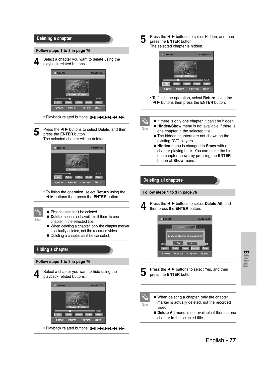 Samsung DVD-VR330, VR330S Follow steps 1 to 3, Playback related buttons, Press the œ √ buttons to select Delete All 