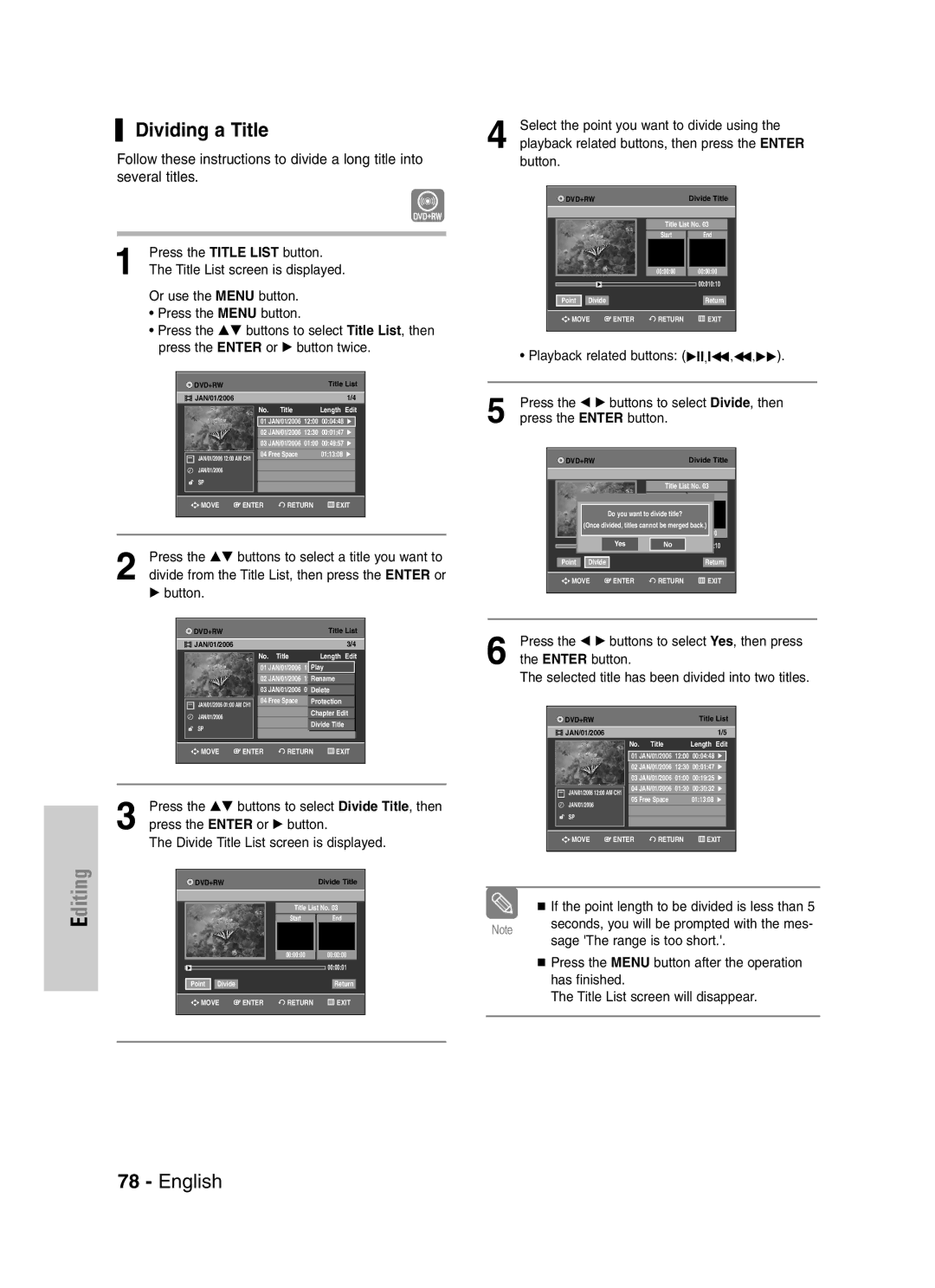 Samsung VR330S Dividing a Title, Select the point you want to divide using, Playback related buttons, then press the Enter 