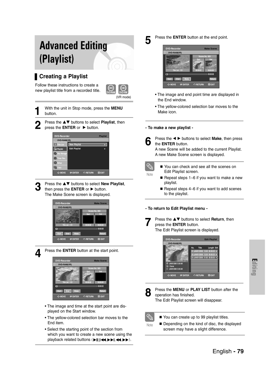 Samsung DVD-VR330, VR330S Creating a Playlist, Press the …† buttons to select New Playlist, Make Scene screen is displayed 