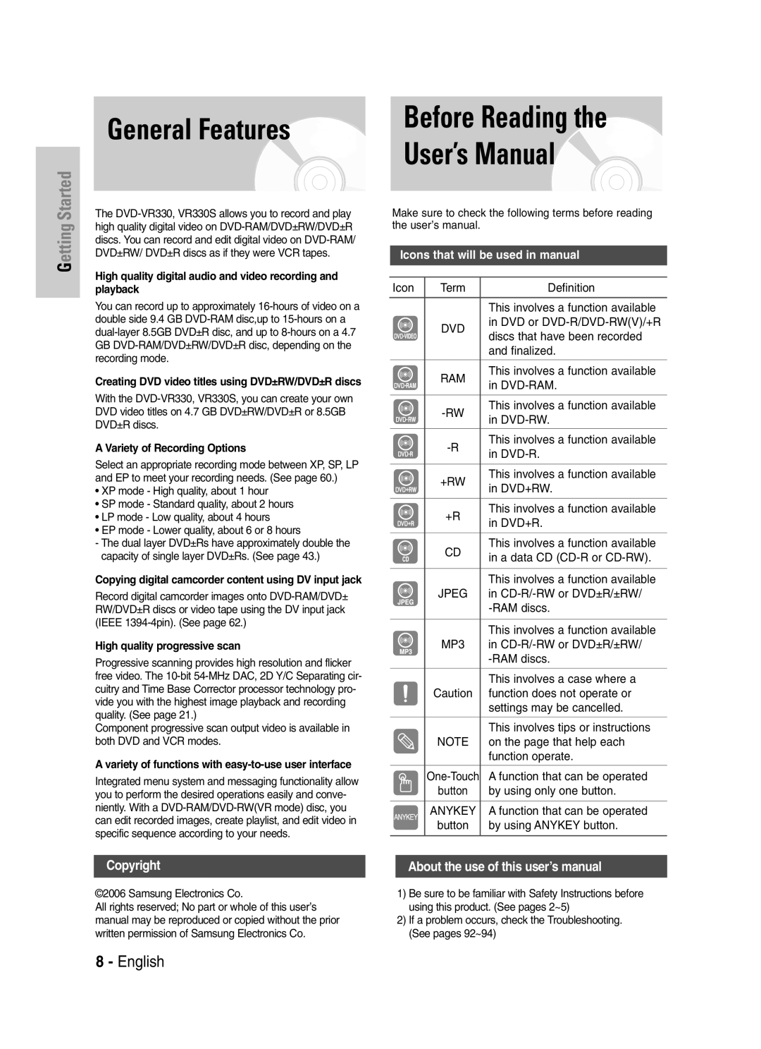 Samsung VR330S, DVD-VR330 instruction manual Before Reading User’s Manual, General Features 