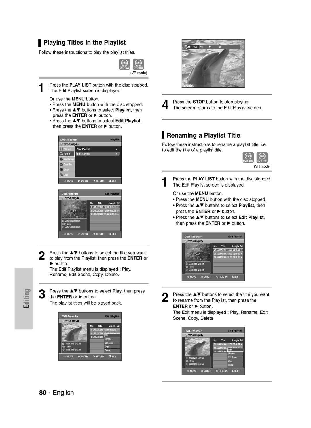 Samsung VR330S, DVD-VR330 instruction manual Playing Titles in the Playlist, Renaming a Playlist Title 