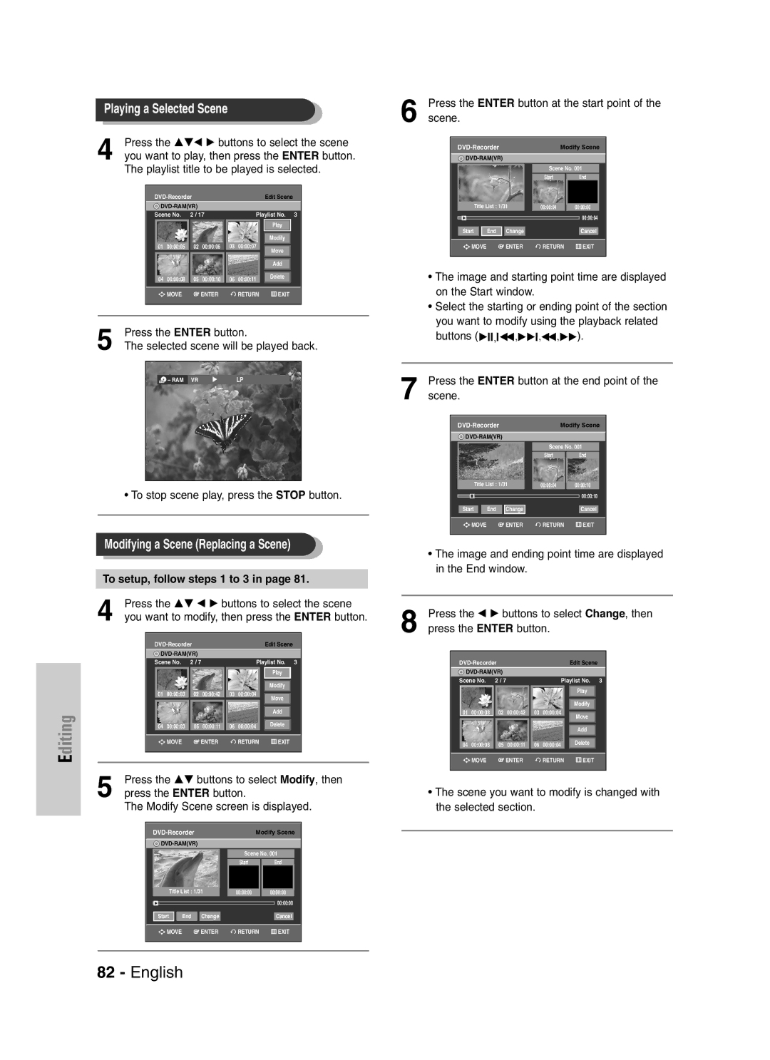 Samsung VR330S Press the …† œ √ buttons to select the scene, You want to modify, then press the Enter button, Scene 