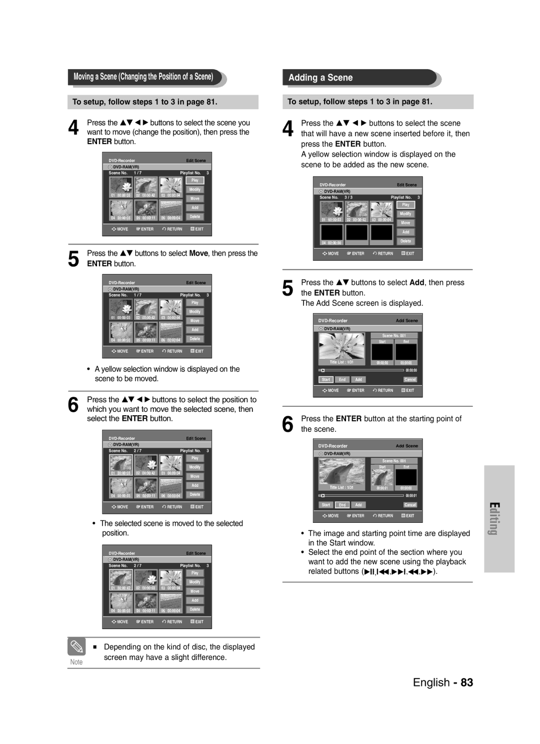 Samsung DVD-VR330, VR330S Press the …† buttons to select Move, then press, Press the …† buttons to select Add, then press 