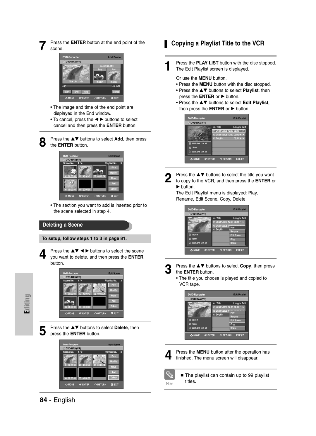 Samsung VR330S, DVD-VR330 Copying a Playlist Title to the VCR, Press the …† buttons to select Delete, then 