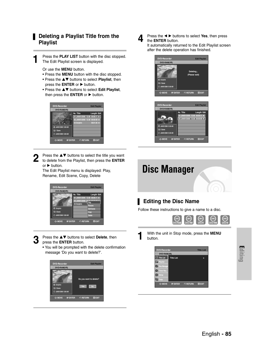 Samsung DVD-VR330, VR330S Disc Manager, Deleting a Playlist Title from the Playlist, Editing the Disc Name 