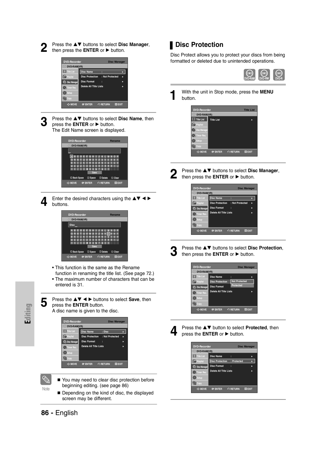 Samsung VR330S, DVD-VR330 instruction manual Press the …† buttons to select Disc Protection 