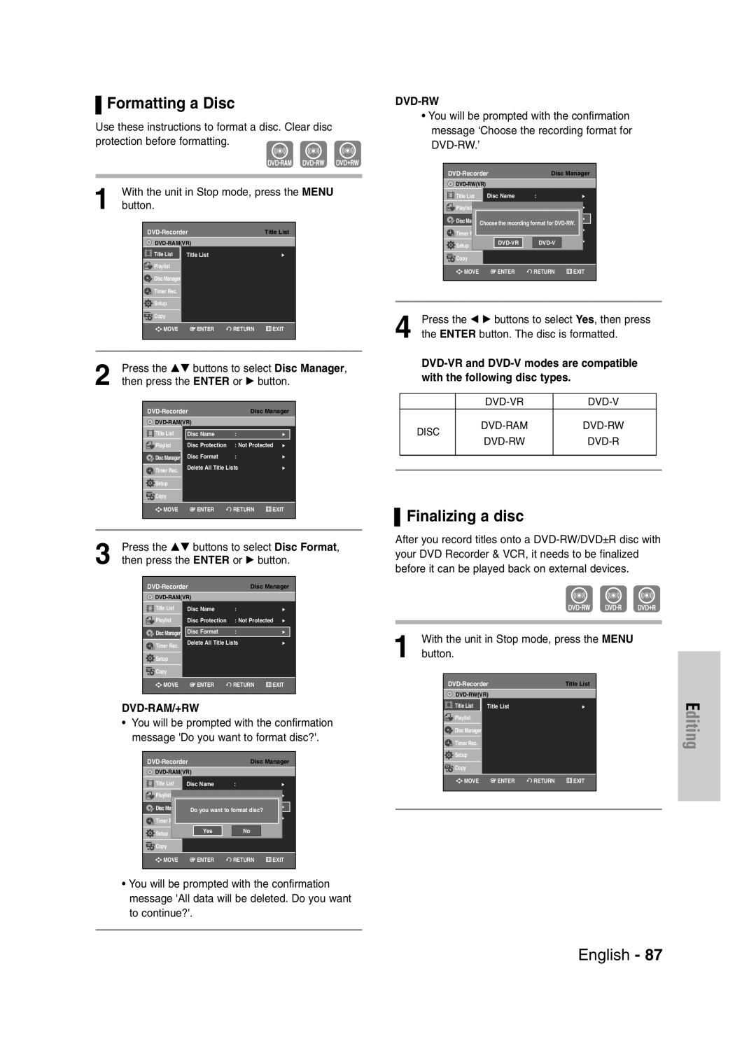 Samsung DVD-VR330, VR330S Formatting a Disc, Finalizing a disc, With the unit in Stop mode, press the Menu Button 