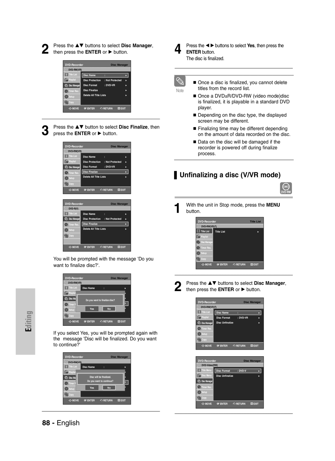 Samsung VR330S, DVD-VR330 instruction manual Unfinalizing a disc V/VR mode, Disc is finalized, Titles from the record list 