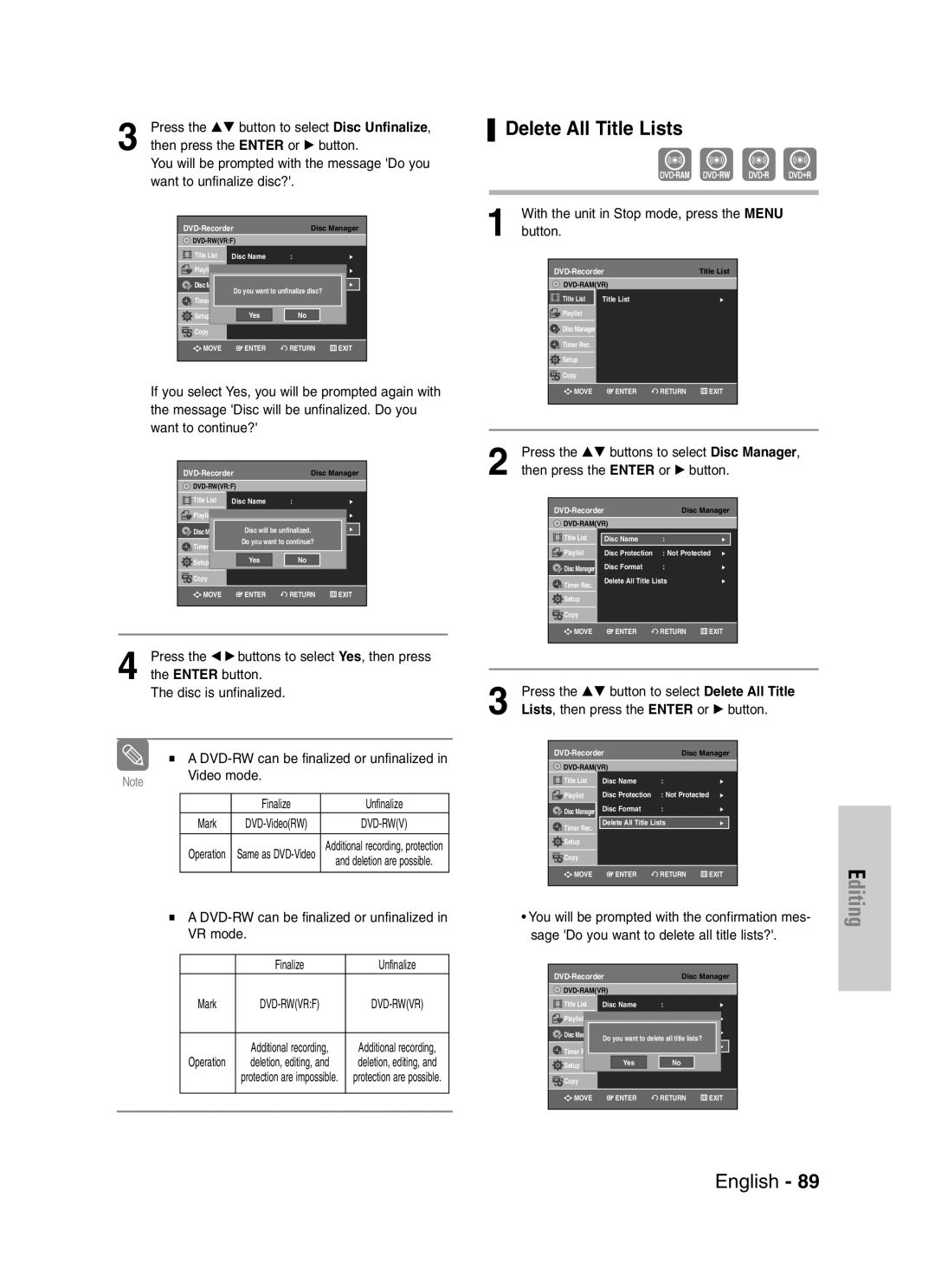 Samsung DVD-VR330, VR330S Delete All Title Lists, Press the …† button to select Disc Unfinalize, Want to unfinalize disc? 