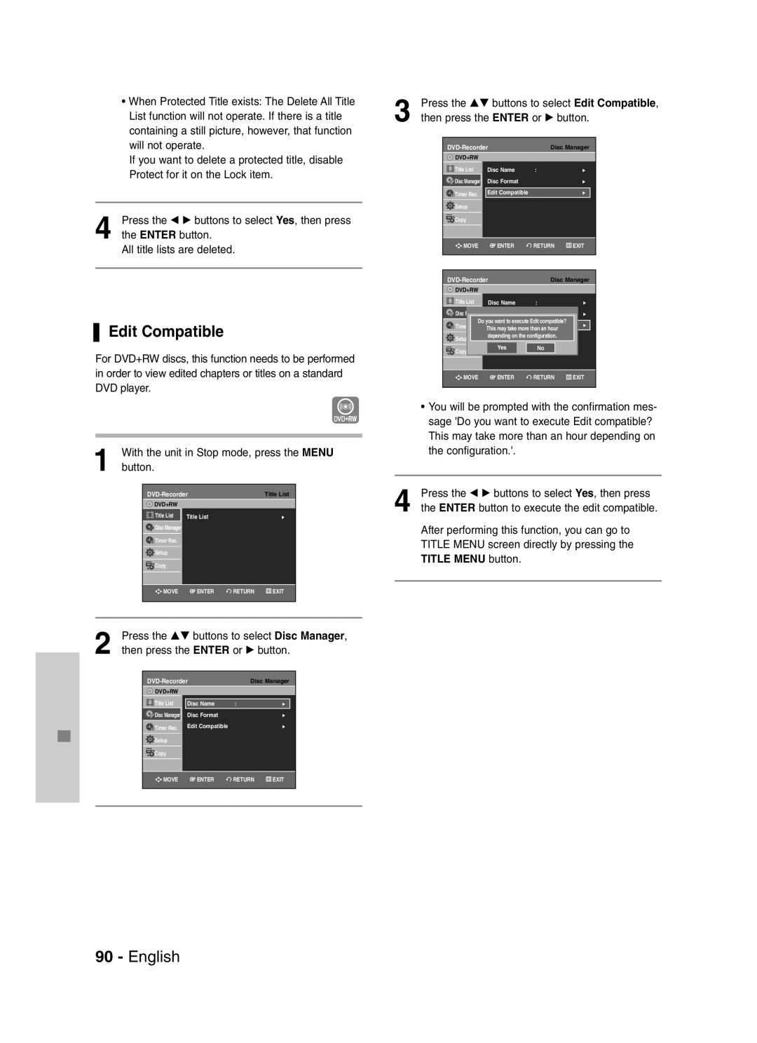 Samsung VR330S, DVD-VR330 instruction manual Edit Compatible, Press the …† buttons to select Disc Manager 