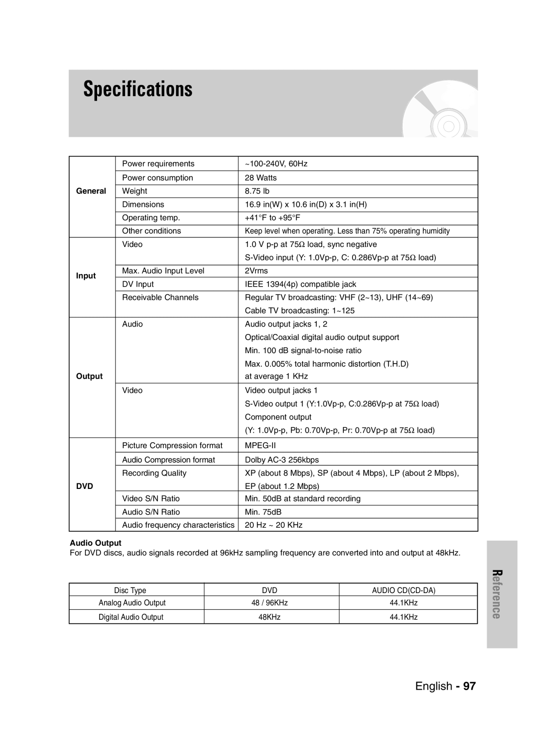 Samsung DVD-VR330, VR330S instruction manual Specifications, General, Input, Audio Output 