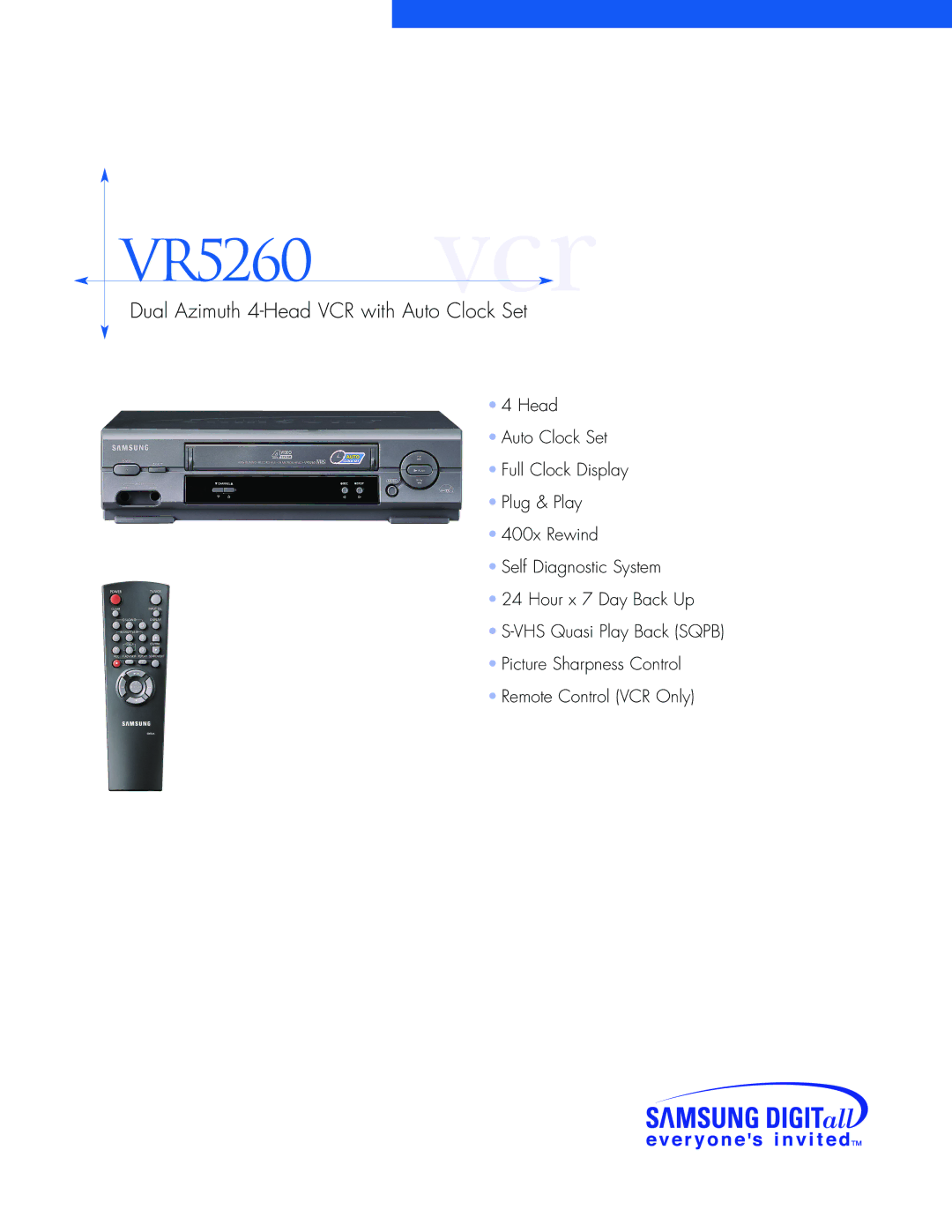 Samsung manual VR5260 vcr, Dual Azimuth 4-Head VCR with Auto Clock Set 