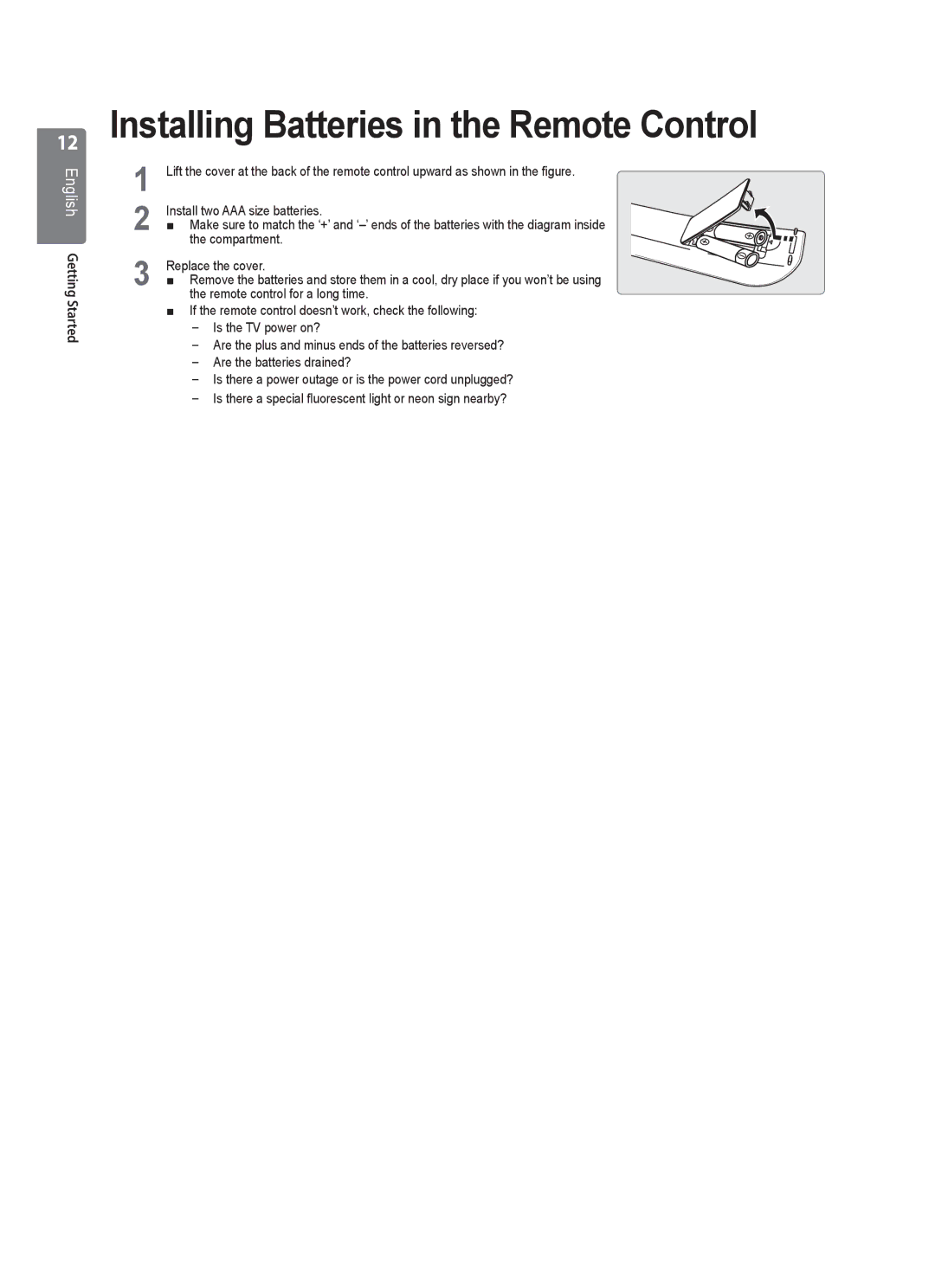 Samsung WD4050, VT2570, WD1950, WD4550, WD1450 user manual Installing Batteries in the Remote Control 