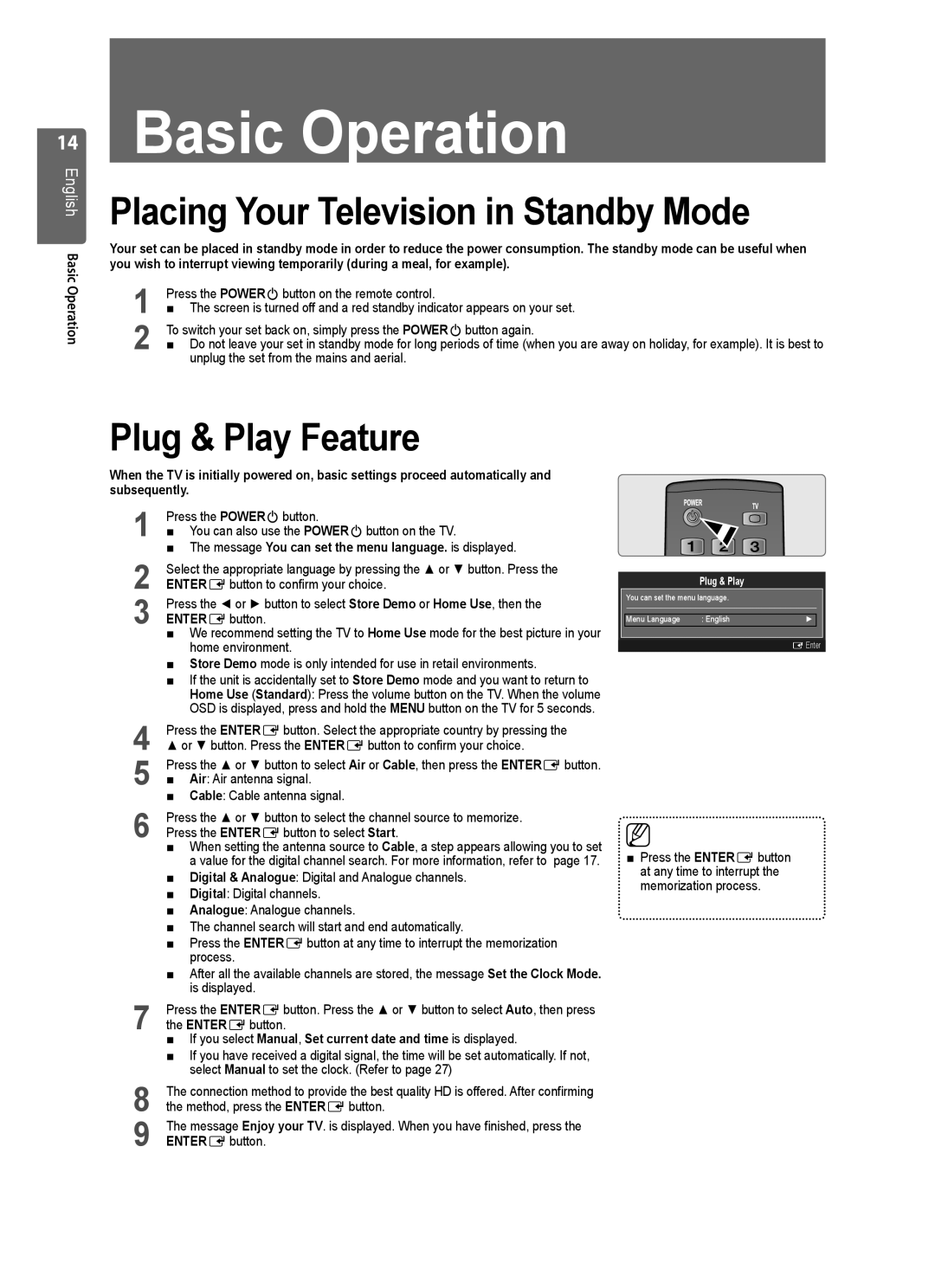 Samsung WD1450, VT2570, WD1950, WD4050 Placing Your Television in Standby Mode, Plug & Play Feature, English Basic Operation 