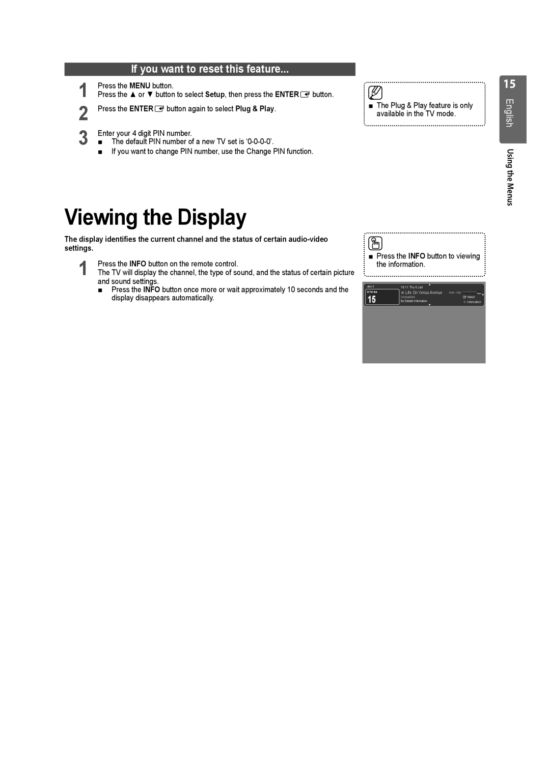 Samsung VT2570, WD1950, WD4050 Viewing the Display, English Using the Menus, Press the Info button on the remote control 