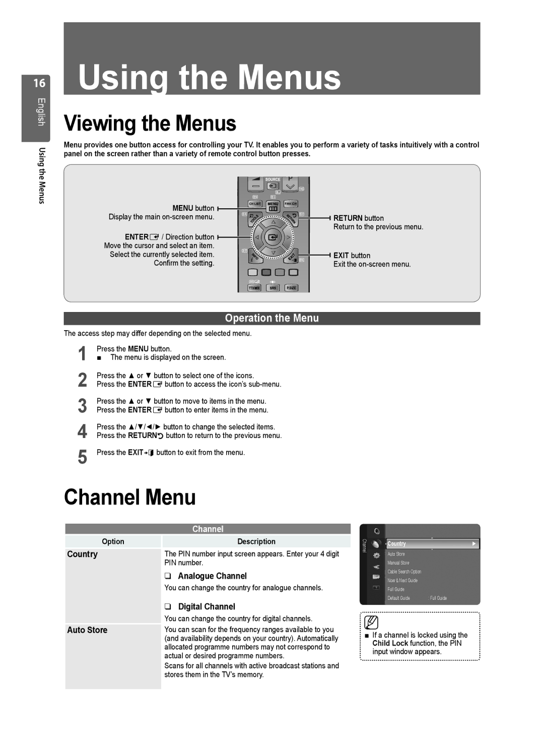 Samsung WD1950, VT2570, WD4050, WD4550, WD1450 user manual Viewing the Menus, Channel Menu 