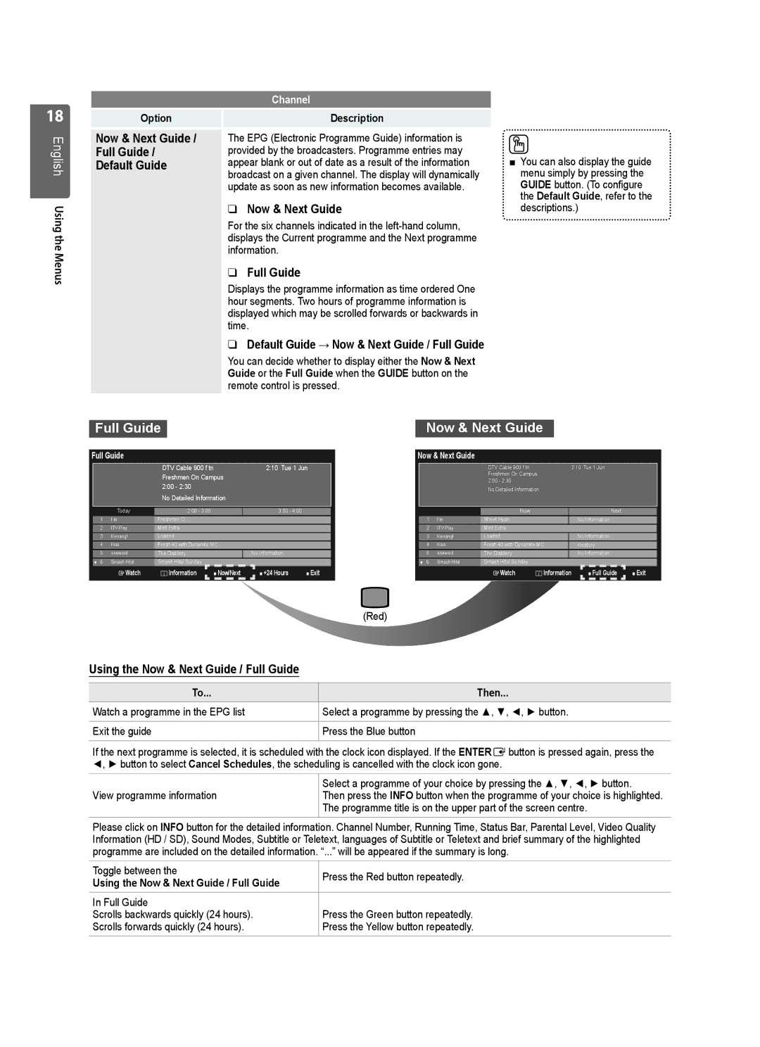 Samsung WD4550, VT2570 Default Guide → Now & Next Guide / Full Guide, Using the Now & Next Guide / Full Guide 