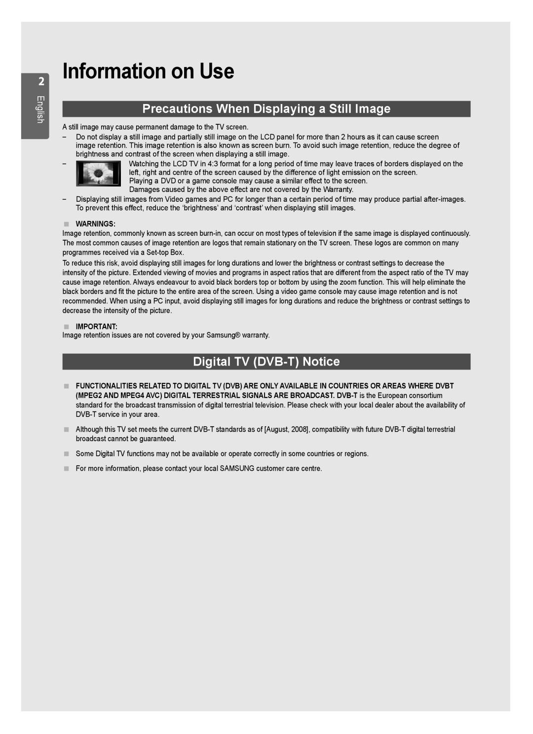 Samsung WD4050, VT2570, WD1950, WD4550, WD1450 user manual Information on Use, Precautions When Displaying a Still Image 