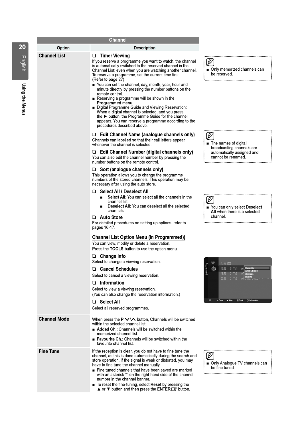 Samsung VT2570 Channel List Timer Viewing, Sort analogue channels only, Select All / Deselect All, Change Info, Fine Tune 