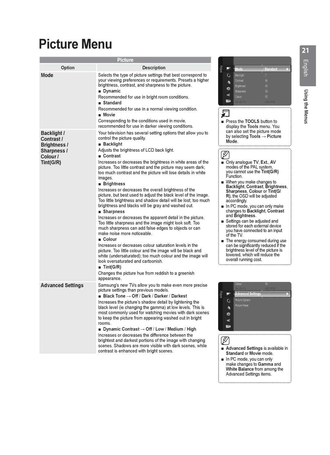 Samsung WD1950, VT2570, WD4050, WD4550, WD1450 user manual Picture Menu 