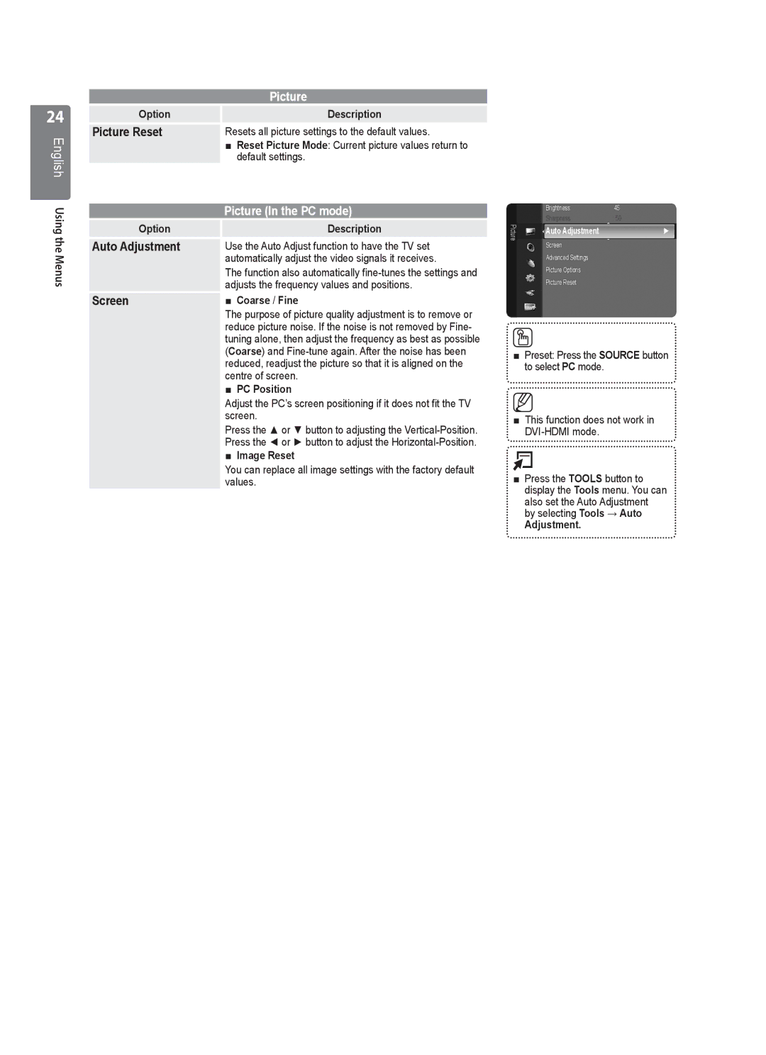 Samsung WD1450, VT2570, WD1950, WD4050, WD4550 user manual Picture Reset, Auto Adjustment, Screen 