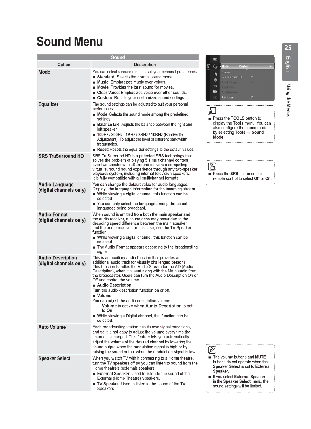 Samsung VT2570, WD1950, WD4050, WD4550, WD1450 user manual Sound Menu 