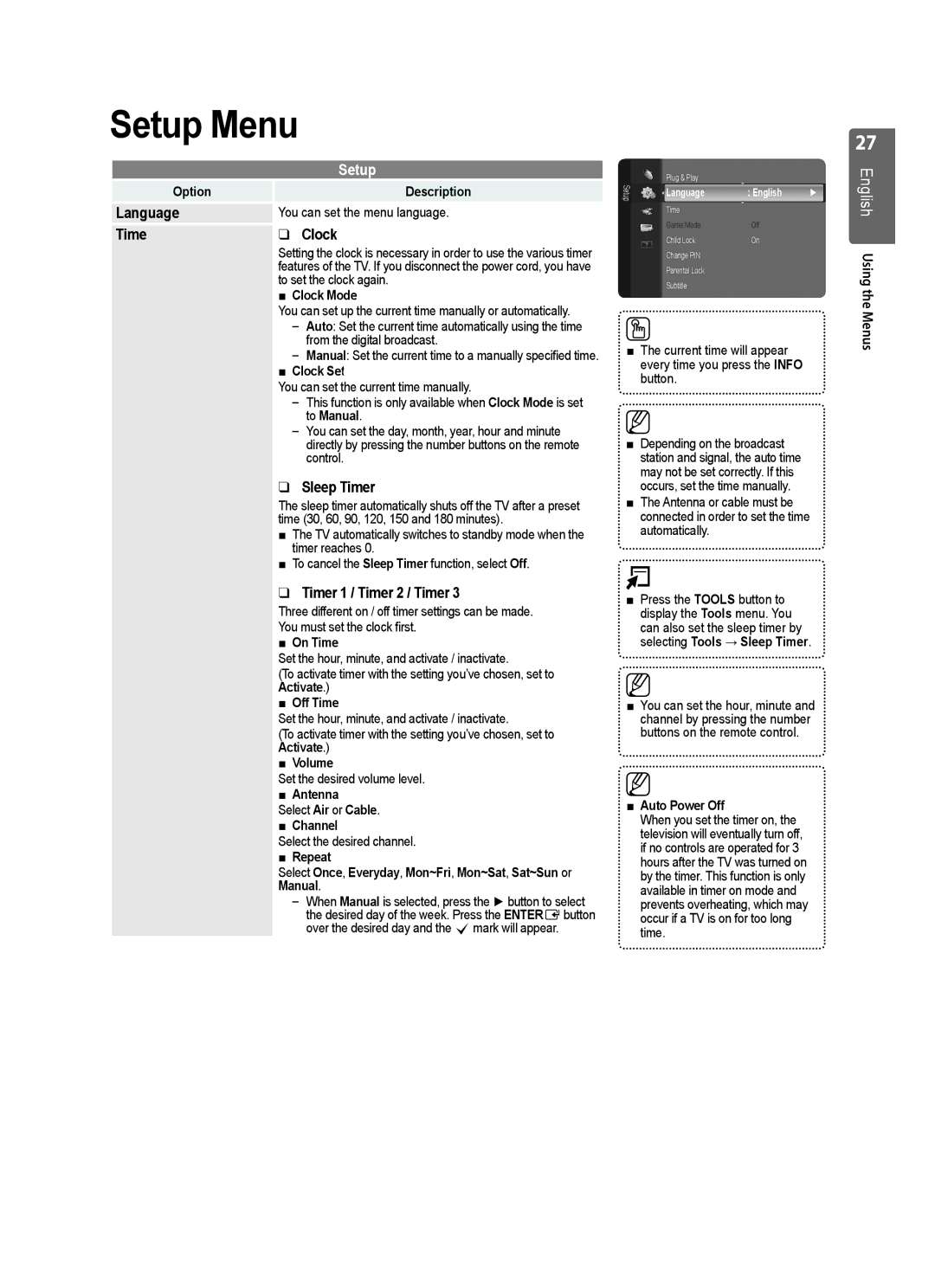 Samsung WD4050, VT2570, WD1950, WD4550, WD1450 Setup Menu, Language, Time Clock, Sleep Timer, Timer 1 / Timer 2 / Timer 