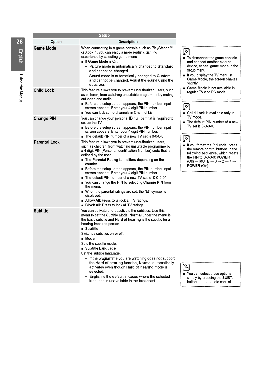 Samsung WD4550, VT2570, WD1950, WD4050, WD1450 user manual Game Mode, Child Lock, Change PIN, Parental Lock, Subtitle 