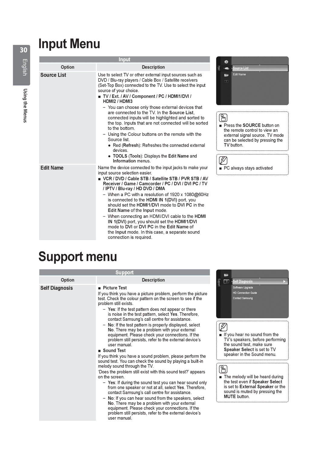 Samsung VT2570, WD1950, WD4050, WD4550, WD1450 user manual Input Menu, Support menu, Source List, Edit Name, Self Diagnosis 