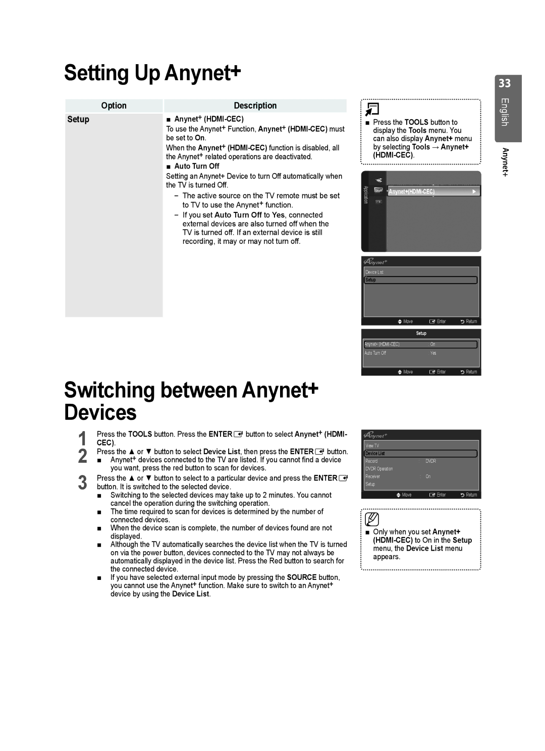 Samsung WD4550, VT2570, WD1950, WD4050 Setting Up Anynet+, Switching between Anynet+ Devices, Option Description, Setup 