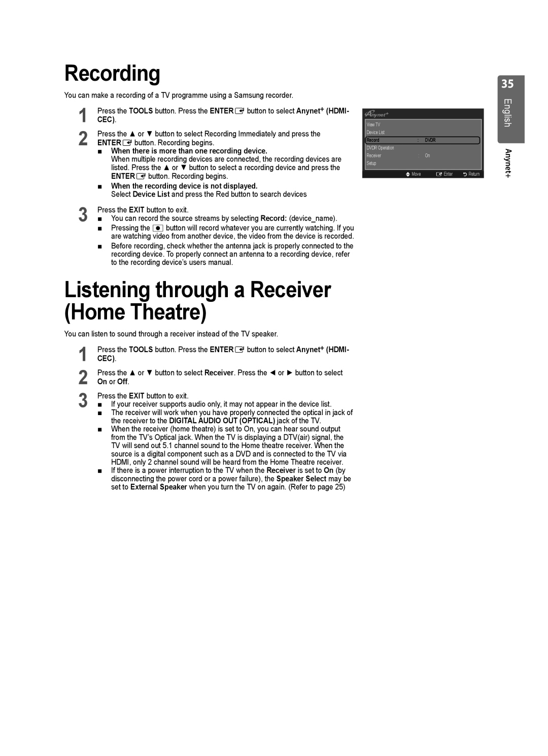 Samsung VT2570, WD1950 Recording, Listening through a Receiver Home Theatre, When there is more than one recording device 